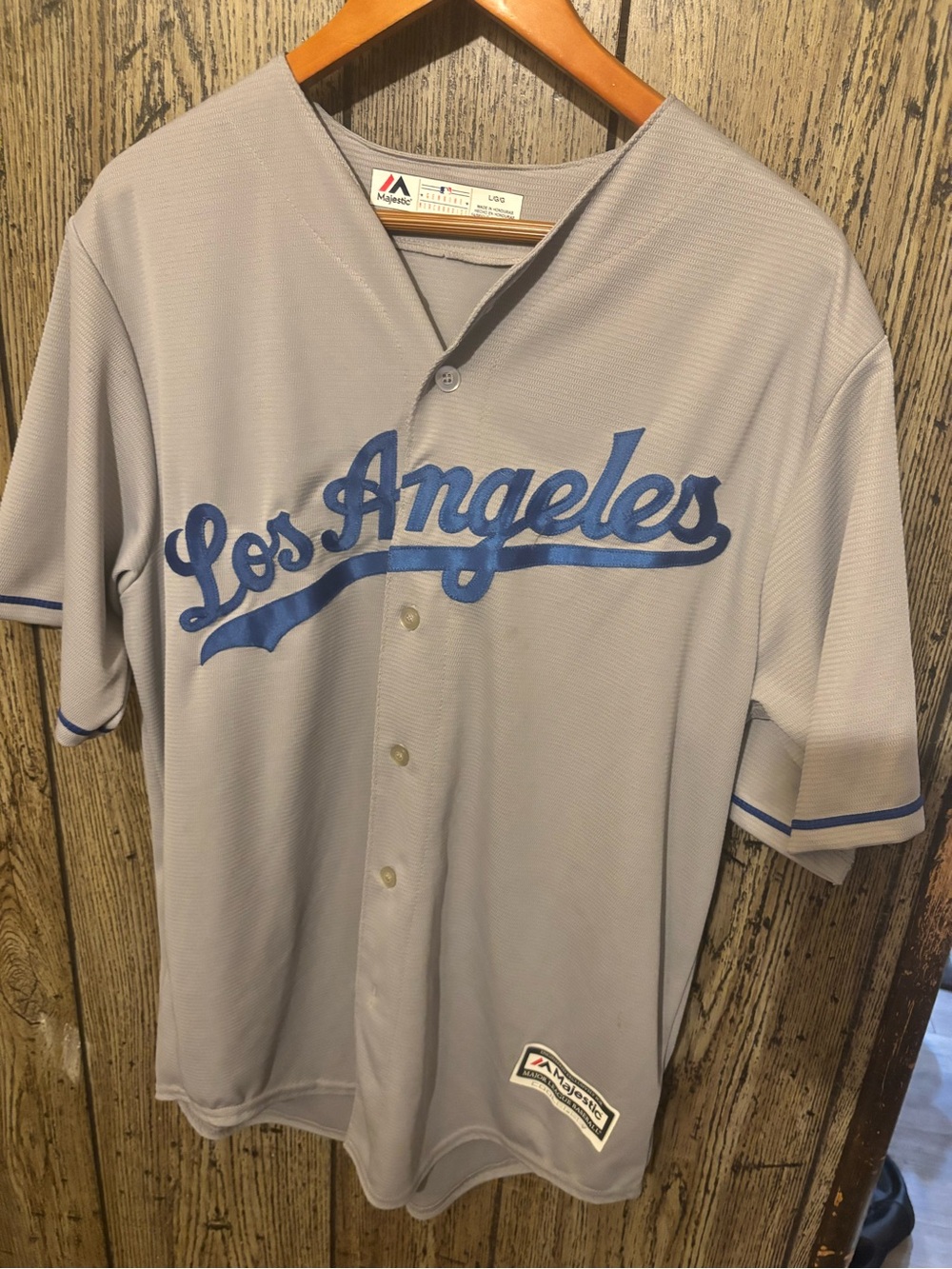 Majestic Los Angeles Grey Dodger Baseball Jersey with Blue Script